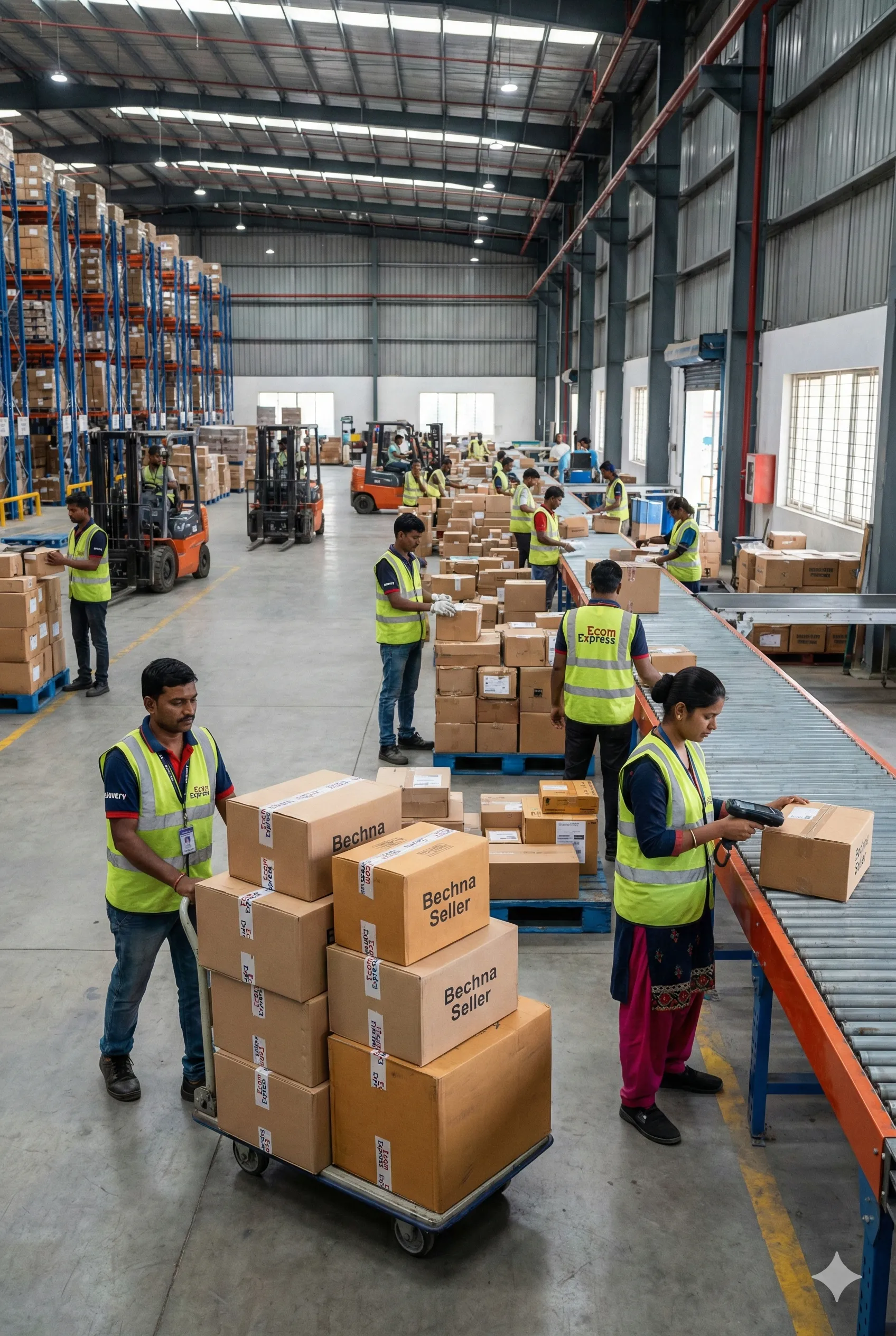 Courier warehouse personnel handling packages