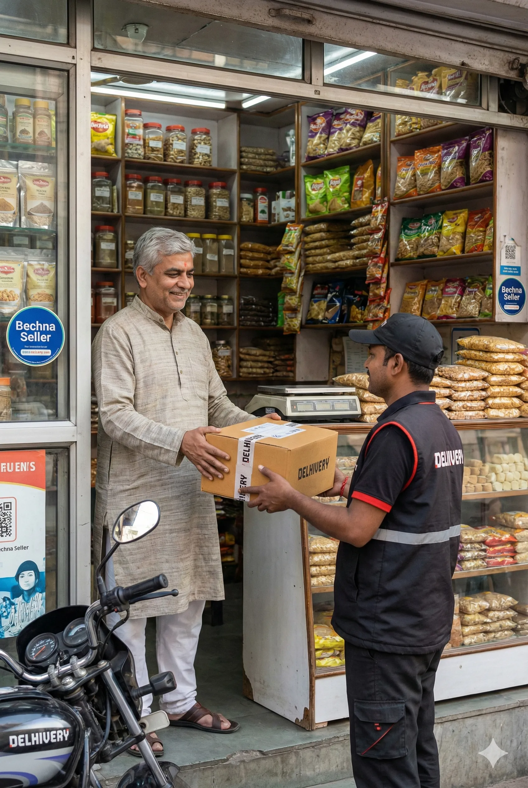 Food shop owner handing over package to courier