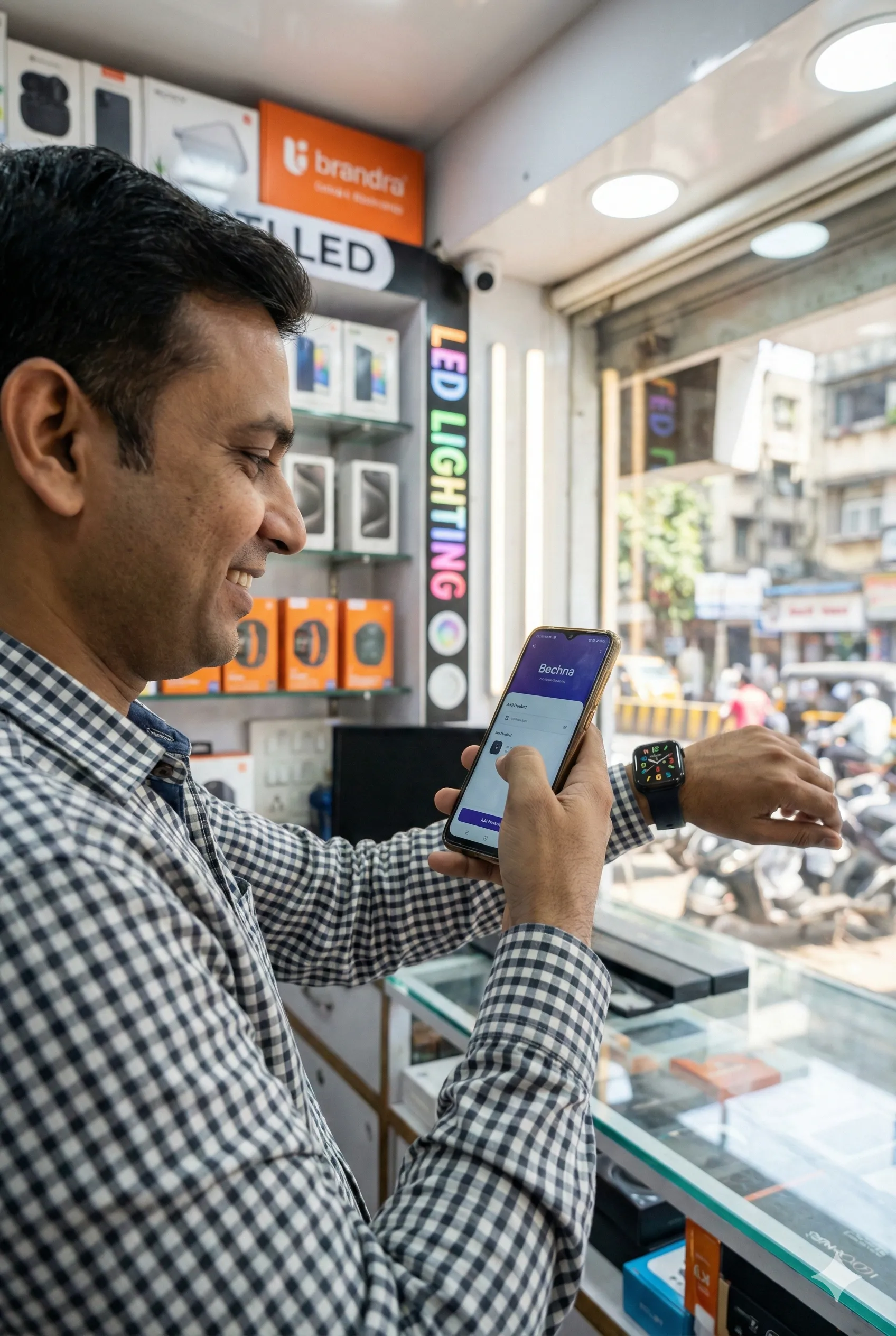 Gadget shop owner using Bechna app