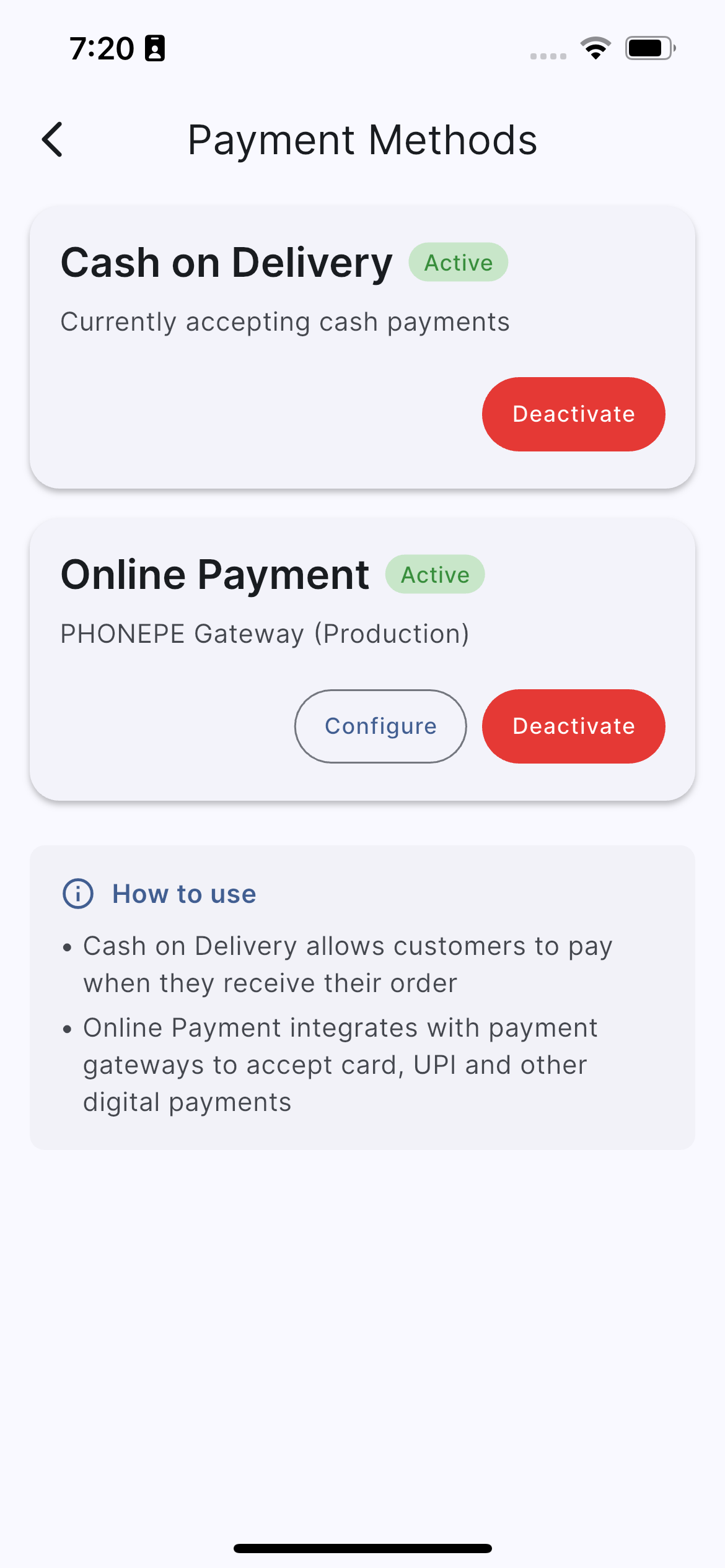 Payment methods configuration