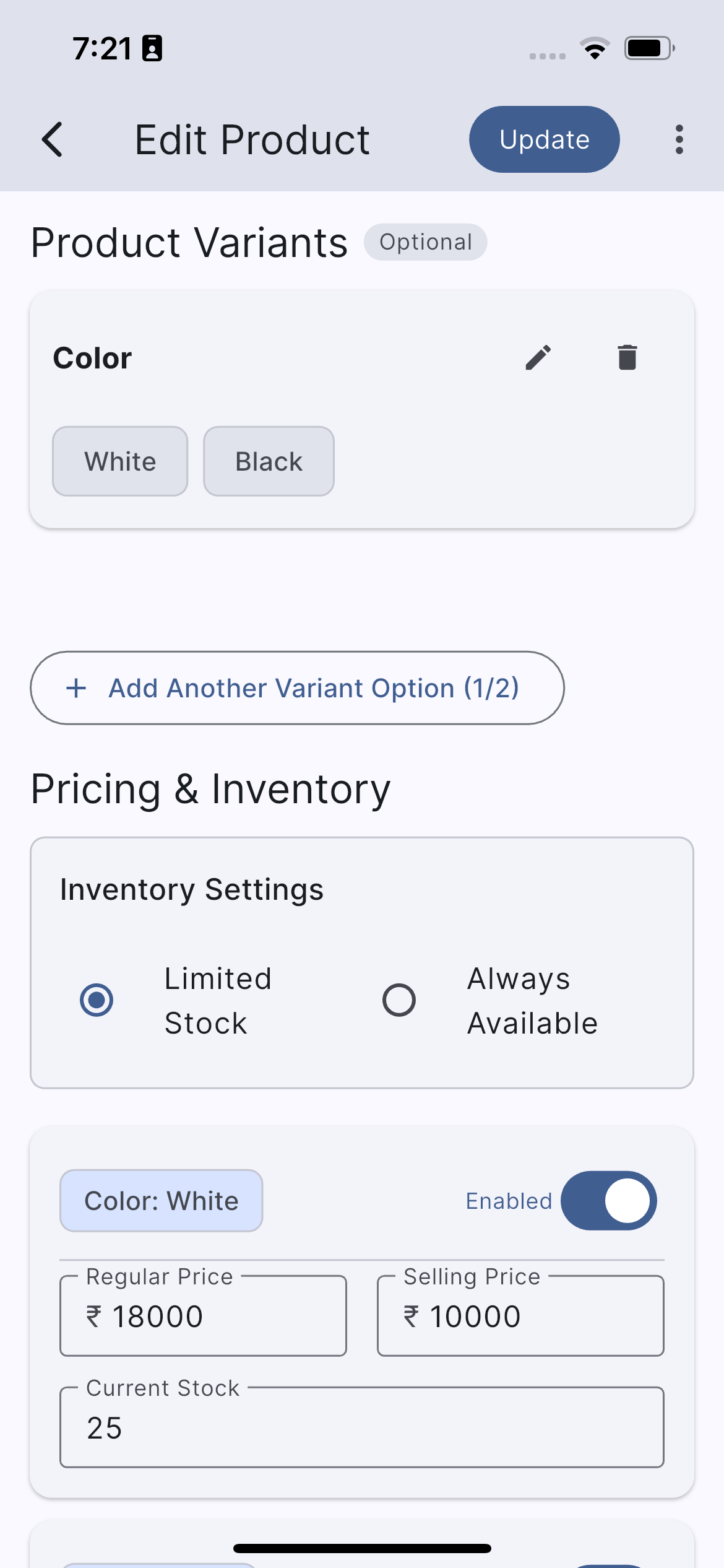 Product variant management with colors and pricing